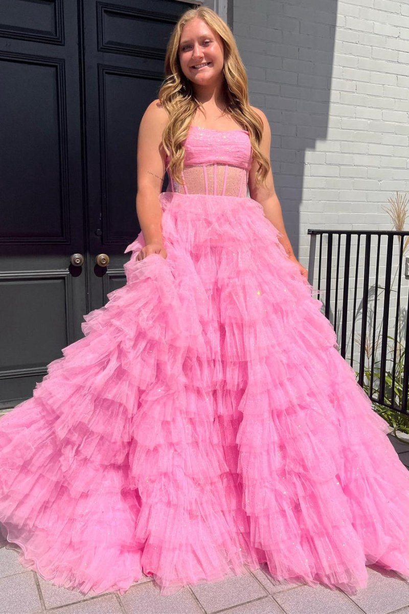 A-line Strapless Corset Glitter Tulle Prom Dresses with Ruffles