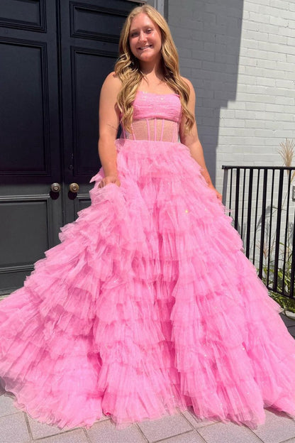 A-line Strapless Corset Glitter Tulle Prom Dresses with Ruffles