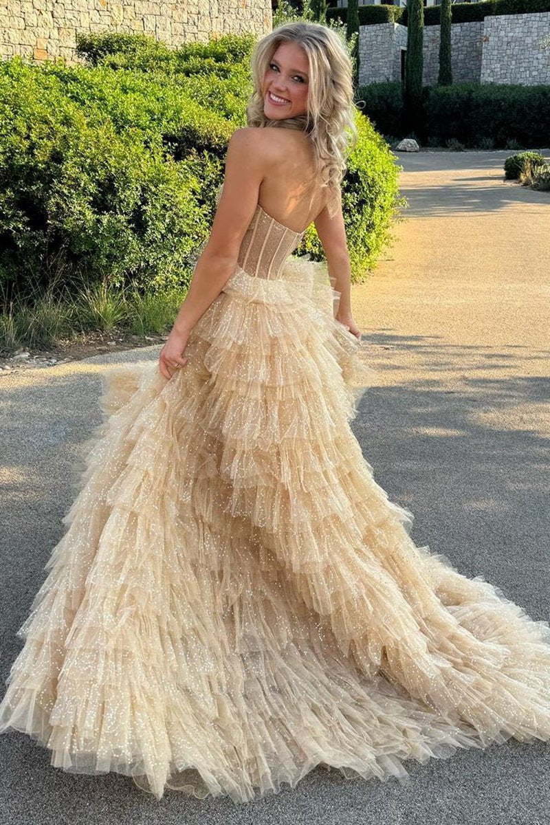 A-line Strapless Corset Glitter Tulle Prom Dresses with Ruffles