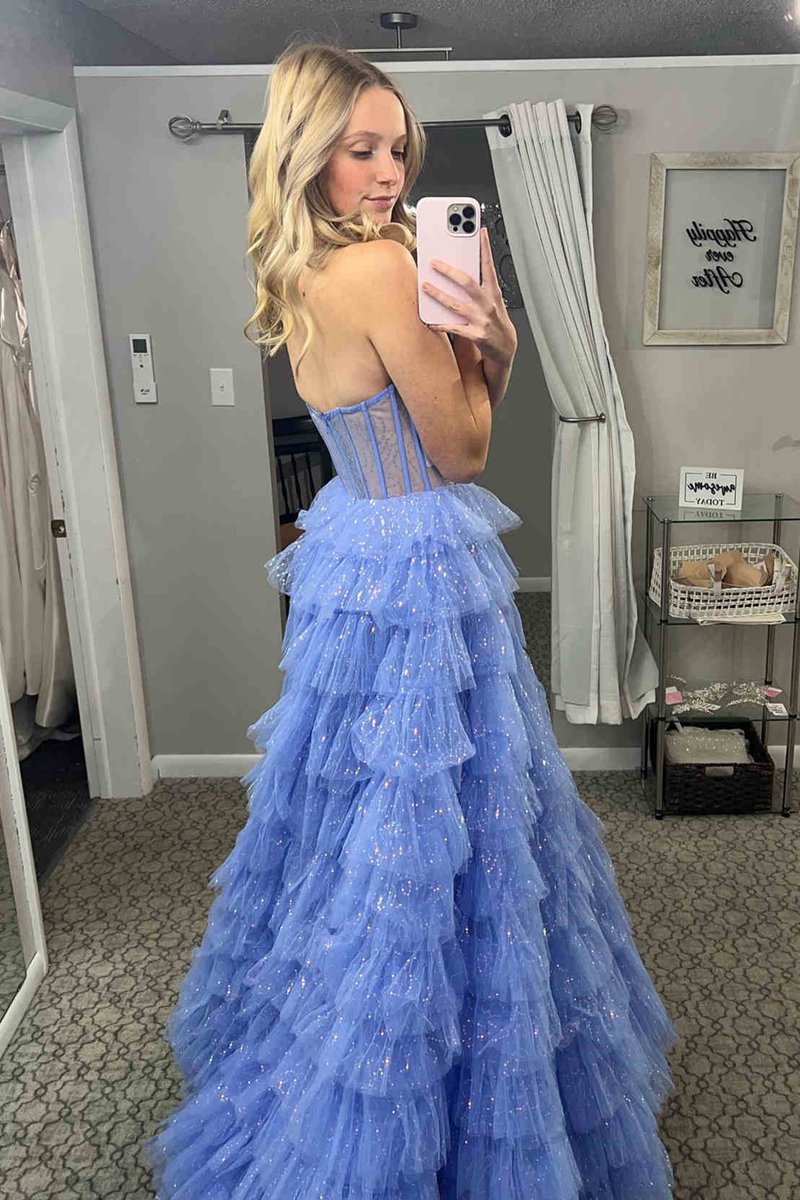 A-line Strapless Corset Glitter Tulle Prom Dresses with Ruffles
