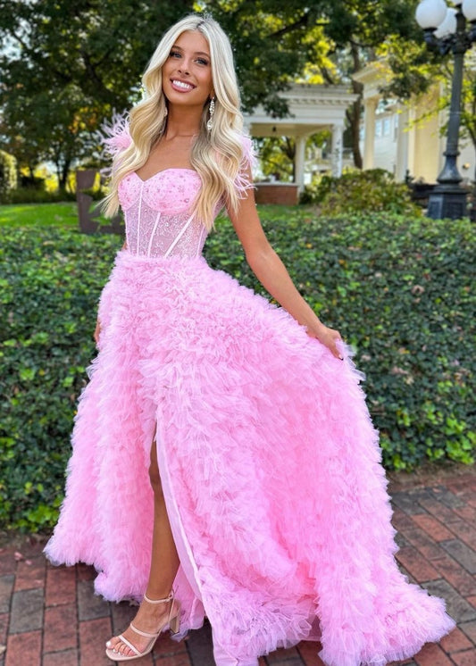 A-line Sweetheart Tie Tulle Long Prom Dresses with Slit