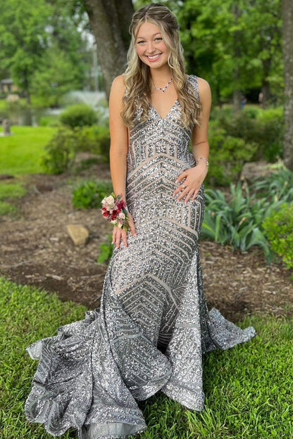 Mermaid Deep V Neck Sequins Prom Dresses