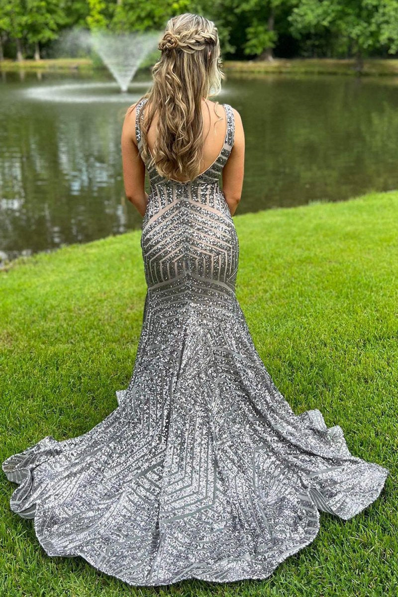 Mermaid Deep V Neck Sequins Prom Dresses