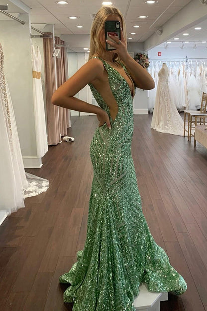 Mermaid Deep V Neck Sequins Prom Dresses