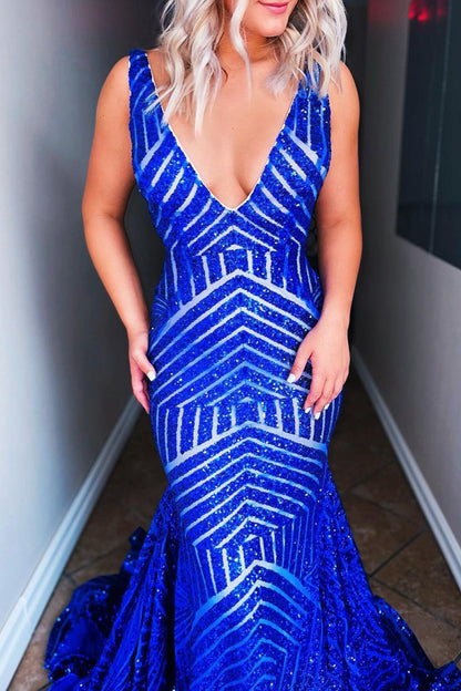 Mermaid Deep V Neck Sequins Prom Dresses