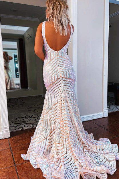 Mermaid Deep V Neck Sequins Prom Dresses