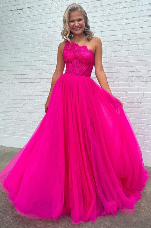 A-line One Shoulder Lace Tulle Prom Dresses with Slit