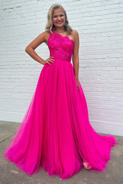 A-line One Shoulder Lace Tulle Prom Dresses with Slit