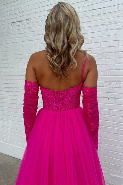 A-line One Shoulder Lace Tulle Prom Dresses with Slit