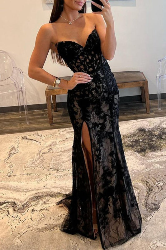 Mermaid Strapless Lace Prom Dresses with Slit
