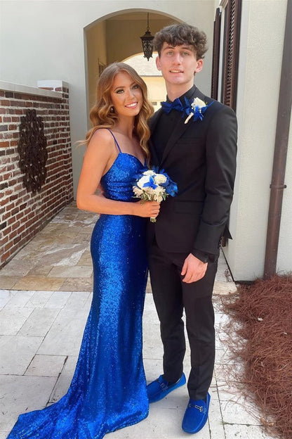 Sheath Spaghetti Strap Sequin Prom Dresses with Slit