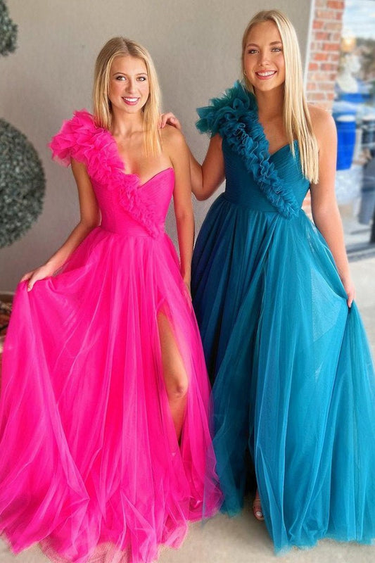 A-line One Shoulder Long Tulle Prom Dresses with Ruffles