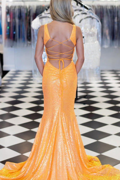 Mermaid Sequins Prom Dresses with Lace Up Back