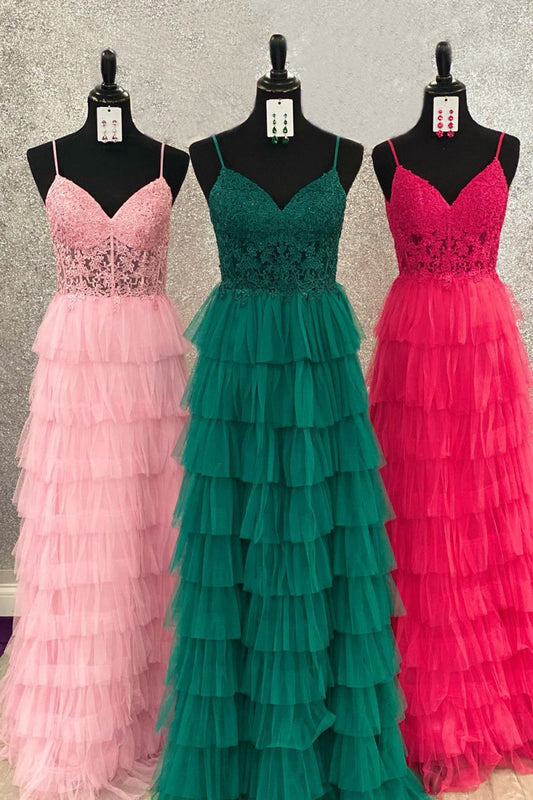 A-line Tie Tulle Long Prom Dresses with Lace