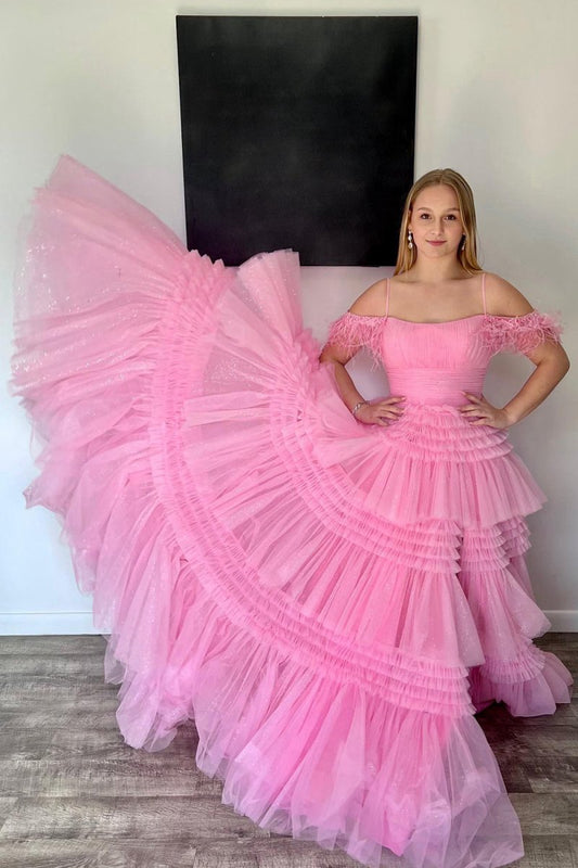 A-line Spaghetti Straps Glitter Tulle Prom Dresses with Slit