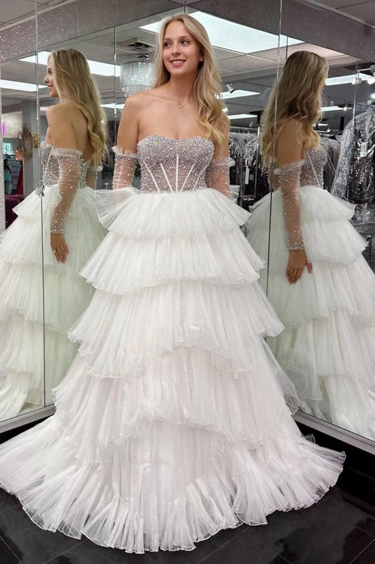 A-line Sweetheart Tie Organza Prom Dresses with Detachable Sleeves