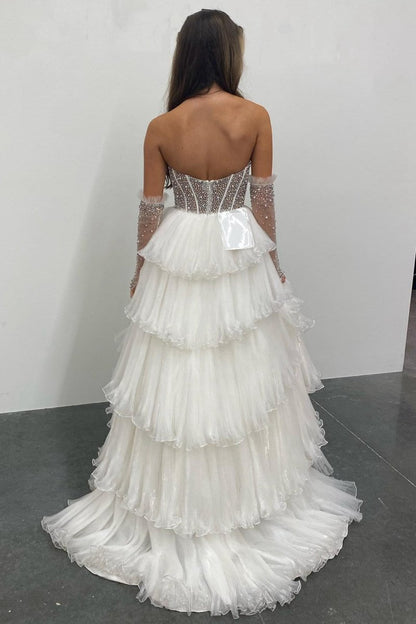 A-line Sweetheart Tie Organza Prom Dresses with Detachable Sleeves