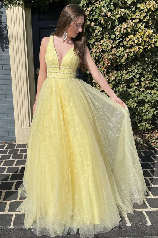 A-line V Neck Glitter Tulle Prom Dresses