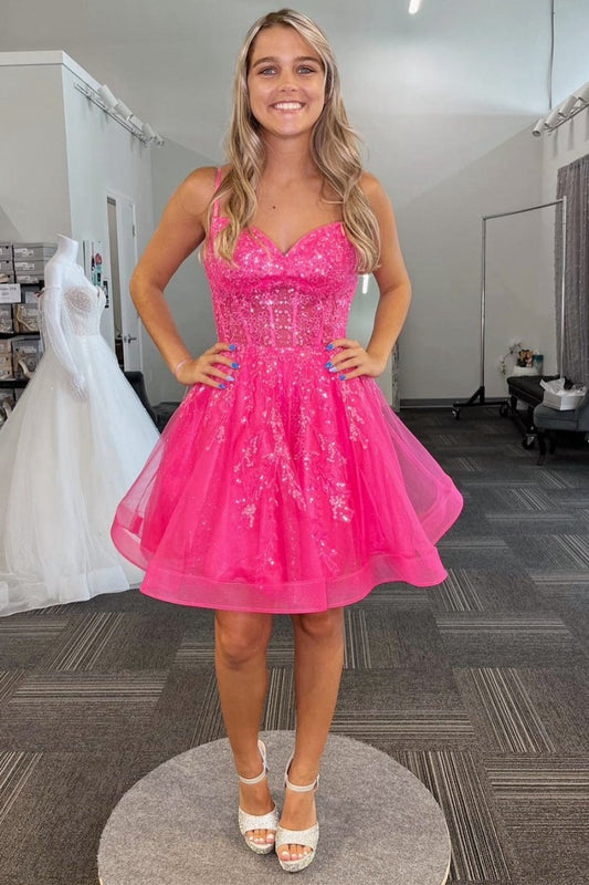 A-line Spaghetti Straps Sequins Tulle Homecoming Dresses