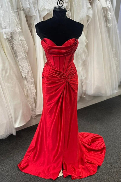 Mermaid Strapless Satin Long Prom Dresses with Slit