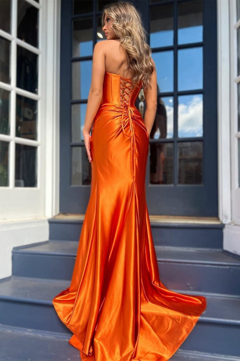 Mermaid Strapless Satin Long Prom Dresses with Slit