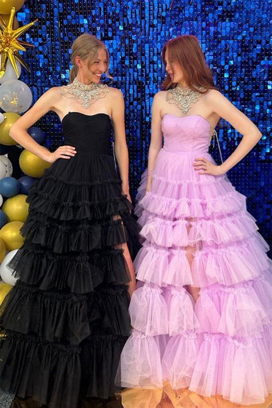 A-line Multi Tie Strapless Tulle Prom Dresses with Slit