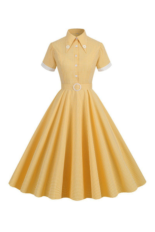 Hepburn Style Plaid Vintage Dresses with Short Sleeves