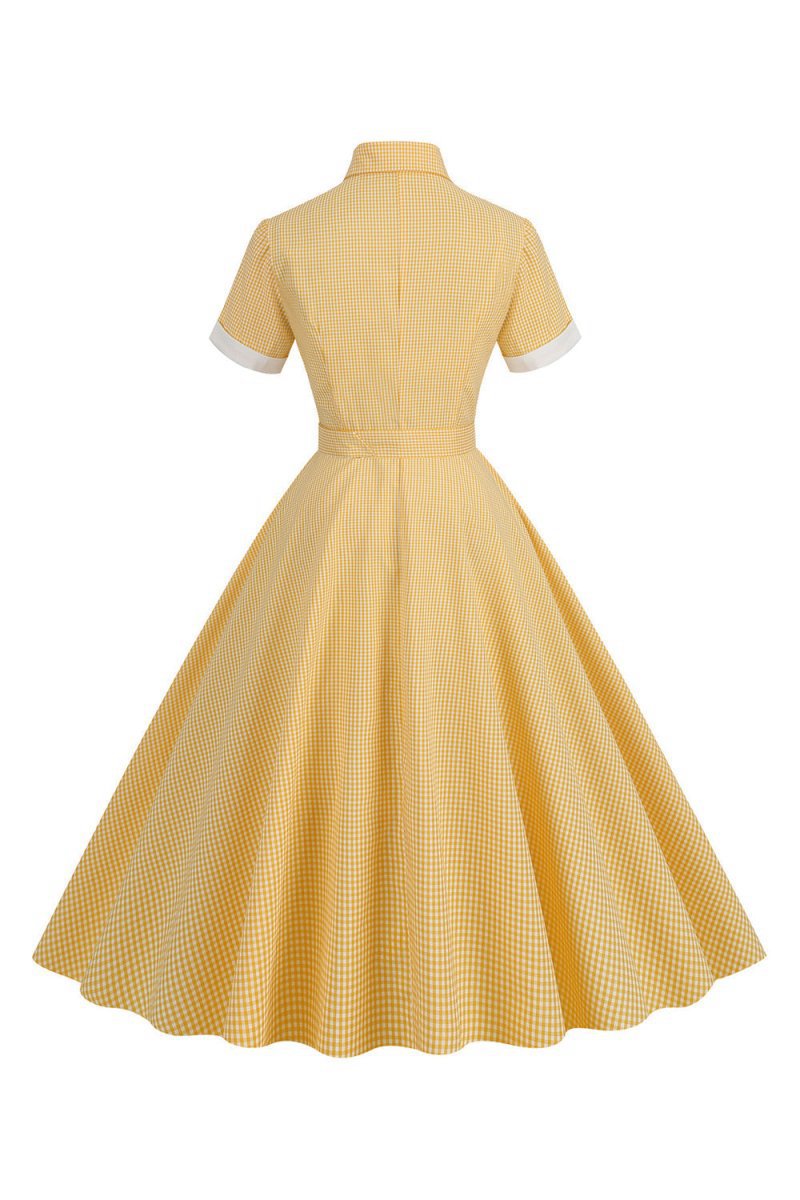 Hepburn Style Plaid Vintage Dresses with Short Sleeves