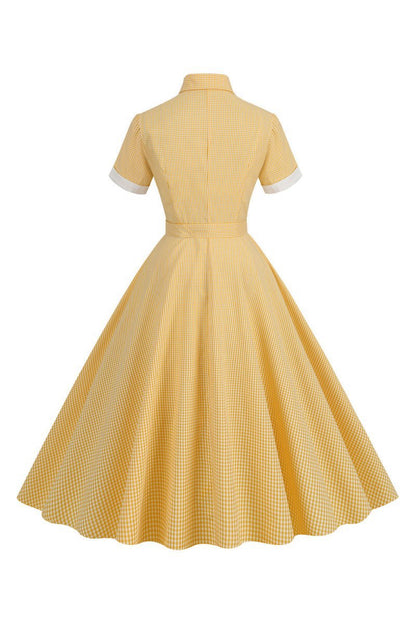 Hepburn Style Plaid Vintage Dresses with Short Sleeves