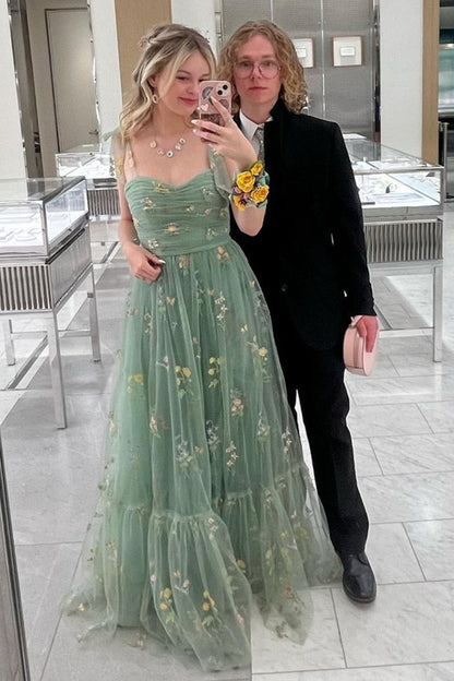 A-line Sweetheart Long Prom Dresses with Embroidery