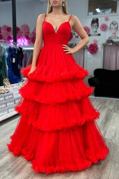 A-line V-Neck Tulle Prom Dresses with Tie Ruffles