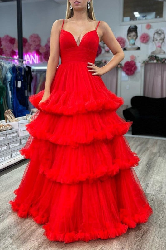 A-line V-Neck Tulle Prom Dresses with Tie Ruffles