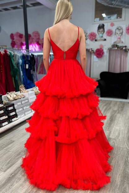 A-line V-Neck Tulle Prom Dresses with Tie Ruffles
