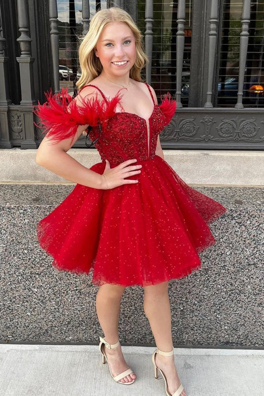A-line Sparkling Tulle Corset Homecoming Dresses with Feathers