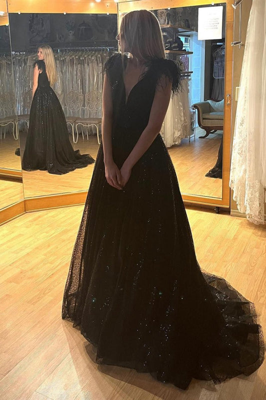 A-line V Neck Sequined Tulle Prom Dresses with Slit