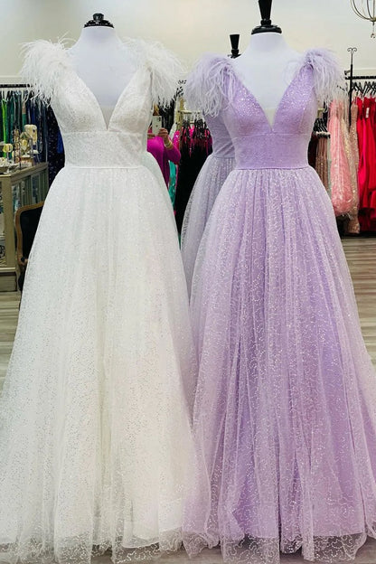 A-line V Neck Sequined Tulle Prom Dresses with Slit