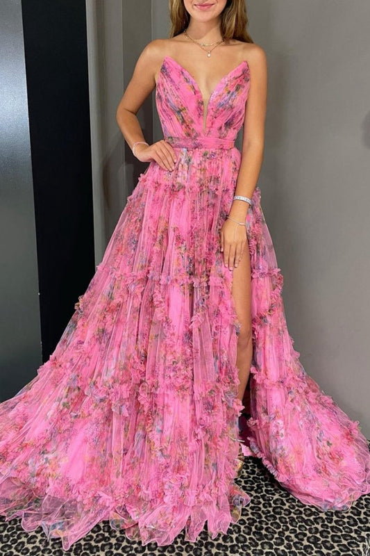 A-line Sweetheart Floral Printed Tulle Prom Dresses with Slit