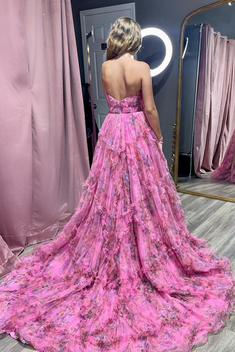 A-line Sweetheart Floral Printed Tulle Prom Dresses with Slit