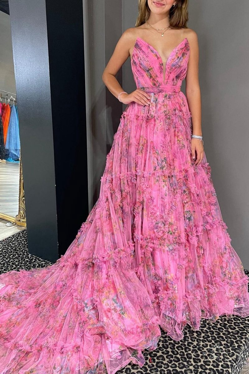 A-line Sweetheart Floral Printed Tulle Prom Dresses with Slit
