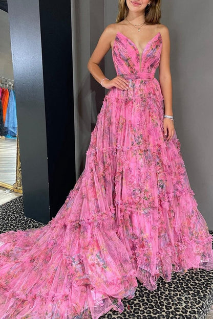 A-line Sweetheart Floral Printed Tulle Prom Dresses with Slit