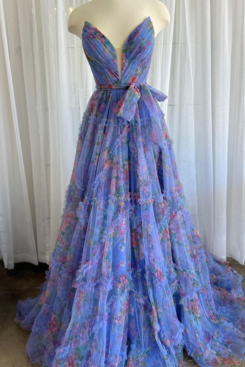 A-line Sweetheart Floral Printed Tulle Prom Dresses with Slit