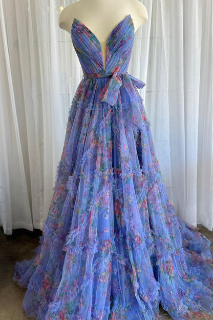 A-line Sweetheart Floral Printed Tulle Prom Dresses with Slit