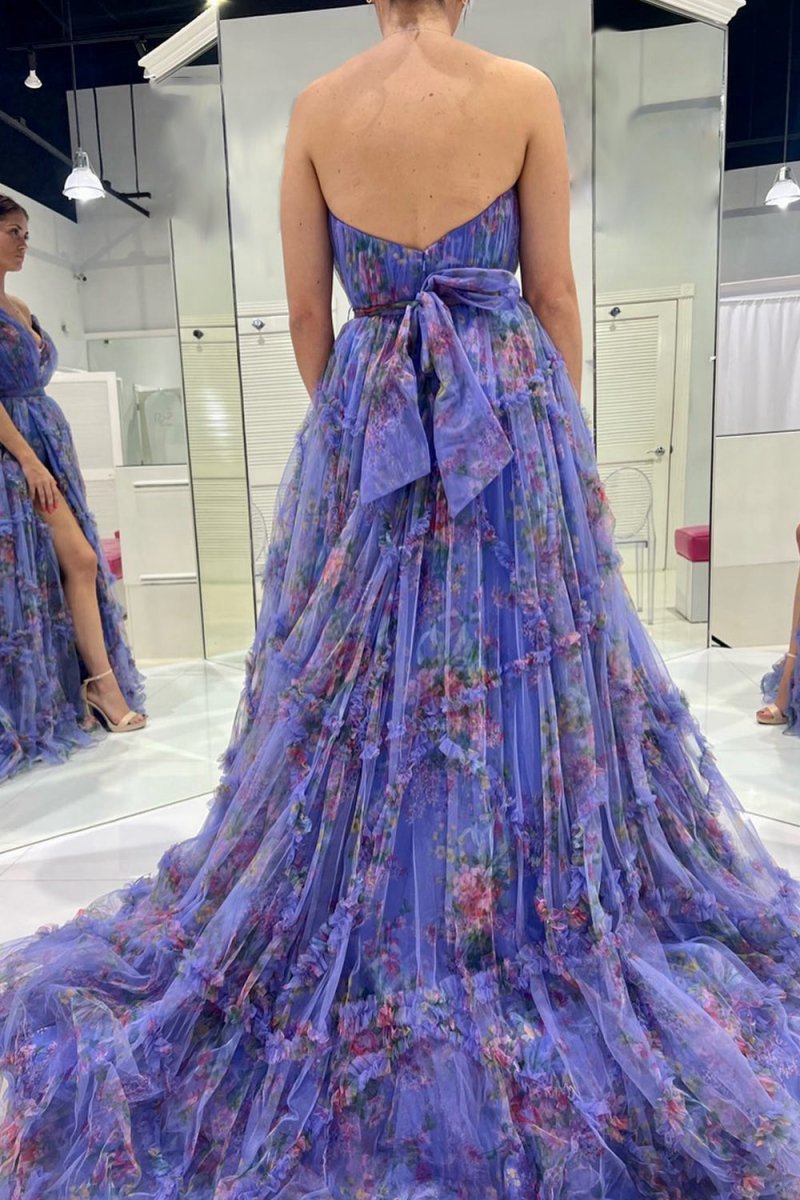A-line Sweetheart Floral Printed Tulle Prom Dresses with Slit