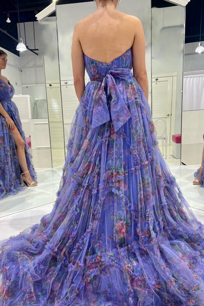 A-line Sweetheart Floral Printed Tulle Prom Dresses with Slit