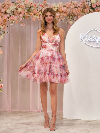 A-line V Neck Tie Pinted Homecoming Dresses