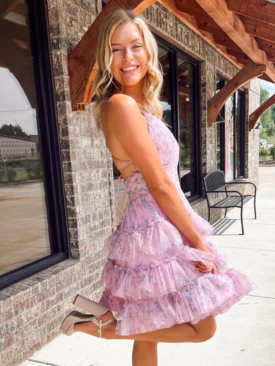 A-line V Neck Tie Pinted Homecoming Dresses