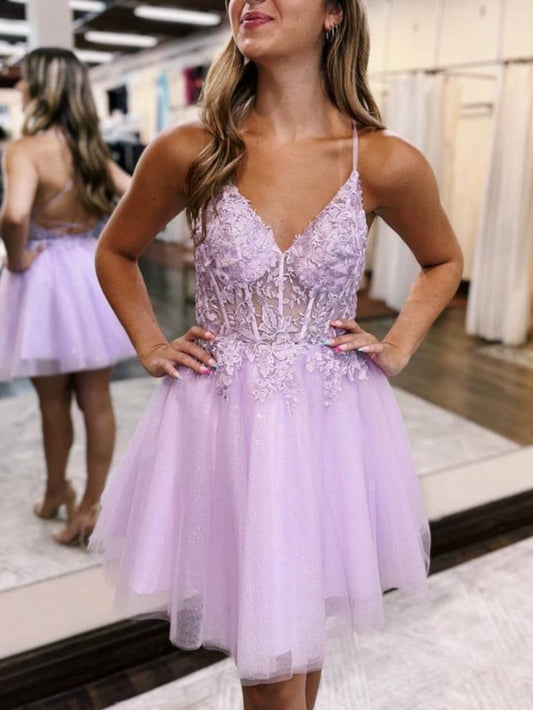 A-line Backless Tulle Appliqued Homecoming Dresses