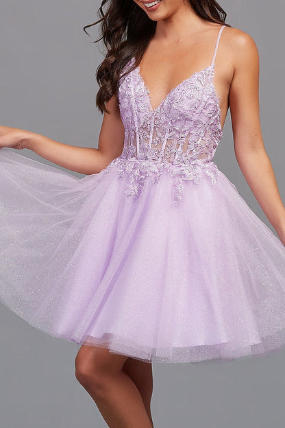 A-line Backless Tulle Appliqued Homecoming Dresses