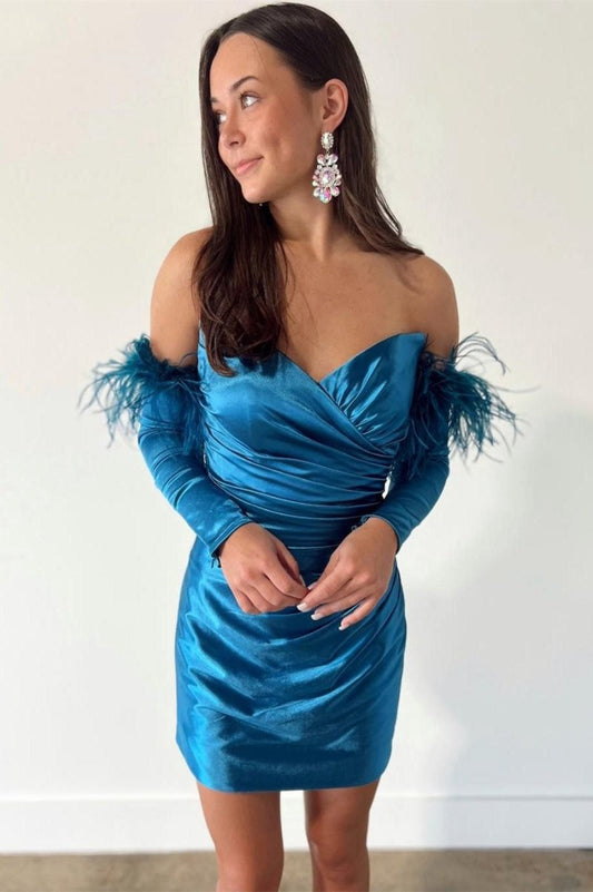 Sheath Satin Strapless Homecoming Dresses with Long Sleeves