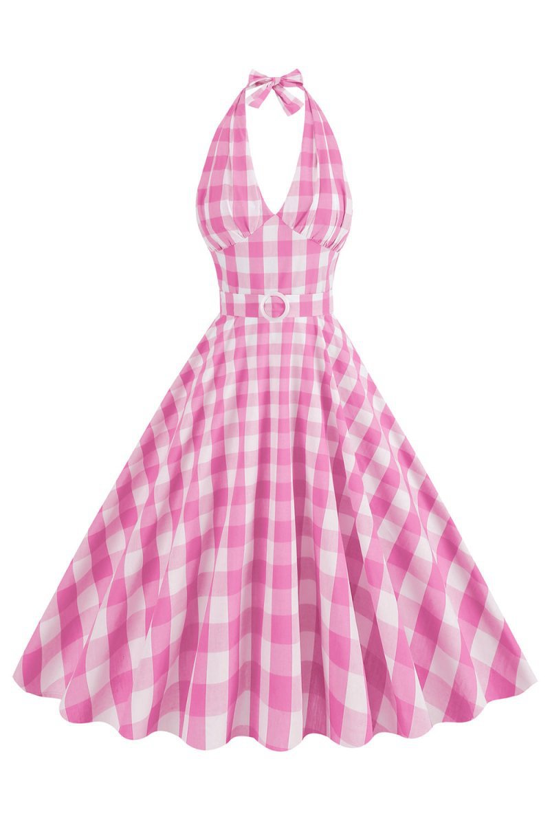 Halter Plaid Sleeveless 1950s Dresses with Belt